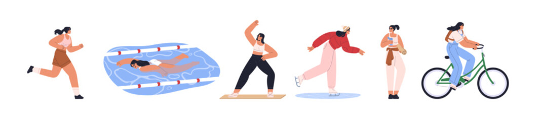 Running, swimming, stretching exercise, ice skating, fitness, cycling set. Active woman, different sports activities. Female workout, training. Flat vector illustration isolated on white background