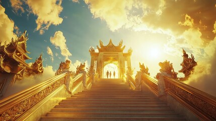 Realistic photography style, panoramic view, the luxurious and spectacular golden gate of heaven, the gate is connected to the walls on both sides,  © Veayo