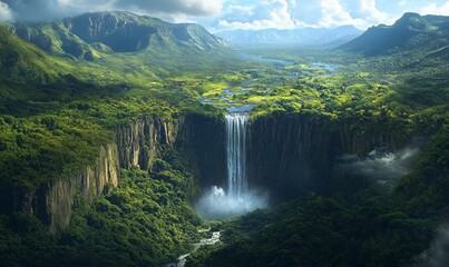 Fototapeta premium A powerful waterfall flows from a towering cliff into a lush, green tropical valley, surrounded by dense forests and distant mountains.