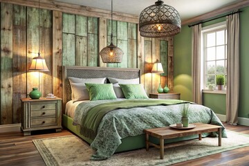 Weathered wood planks adorn the headboard and nightstands, complemented by vintage lace curtains, distressed green glass pendant lamps, and a plush area rug.