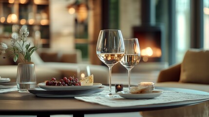 A luxurious table setting with wine glasses and small plates in a cozy lounge
