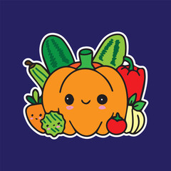 Cute group of vegetables pumpkin bell pepper tomato tasty character sticker cartoon simple in dark background high quality vector for kids book children print