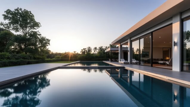 Moern Luxury Villa Swimm Pool an Sunset Reflection