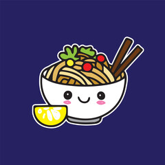 Cute noodles chinese with chopsticks with cherry tomato tasty character sticker cartoon simple in dark background high quality vector for kids book children print