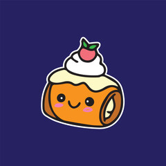 Cute cream roll with strawberry tasty character sticker cartoon simple in dark background high quality vector for kids book children print