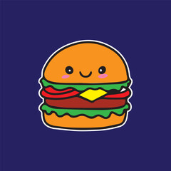Cute burger tasty cheese patty tasty character sticker cartoon simple in dark background high quality vector for kids book children print