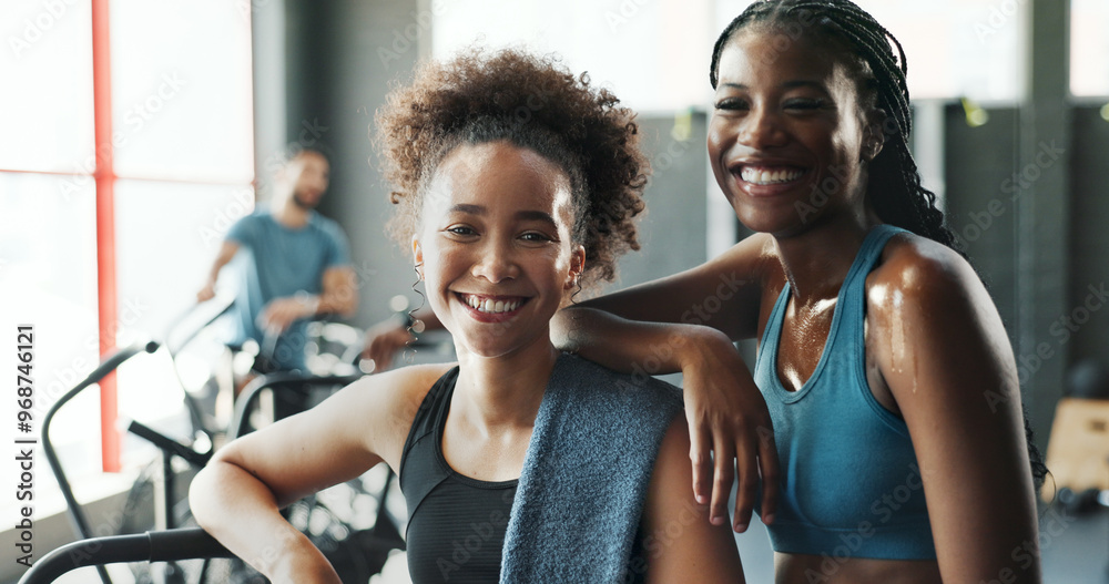 Canvas Prints Fitness, portrait and smile of woman friends in gym together for break from training or workout. Exercise, sports and wellness with happy athlete people in health club for challenge or performance