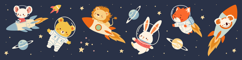 A collection of flat vector illustrations in children's style. Cute animals flying in spacesuits and on a rocket. Lion mouse bunny koala fox bear cub. Vector illustration © Alena