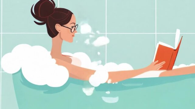 a woman reads a book while taking a bath. The concept of relaxation after a day at work and a day of mental health