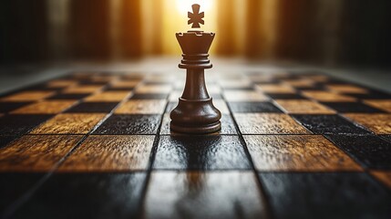 Photorealistic image of a chessboard where one pawn transforms into a king piece as it moves forward symbolizing strategic business growth and leadership