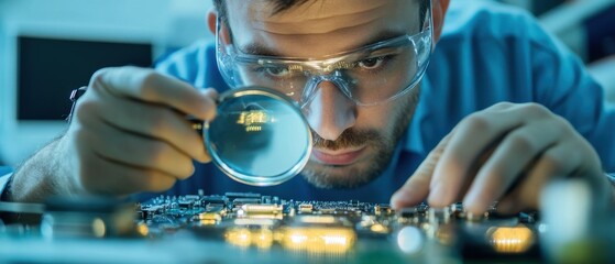 Close-up of an engineer analyzing electronic components with a magnifying glass in a modern lab showcasing meticulous inspection work