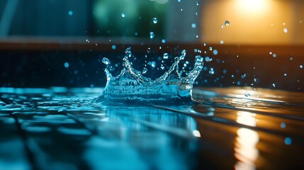Water pooling around dining table legs, gentle ripples, showing signs of interior flooding, dim lighting for dramatic effect, insurance claim scenario