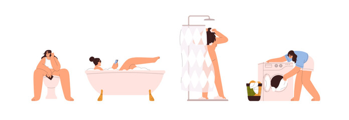 Woman hygiene routine set. Female taking shower, bath tub in bathroom, body care, toilet, laundry with washing machine. Daily life, washroom. Flat vector illustration isolated on white background