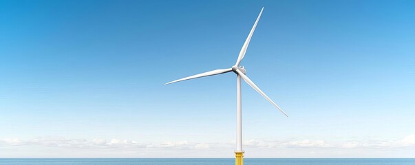 Offshore wind turbines in calm sea with clear horizon, gentle waves, marine renewable energy, sustainable innovation, green technology ocean farm