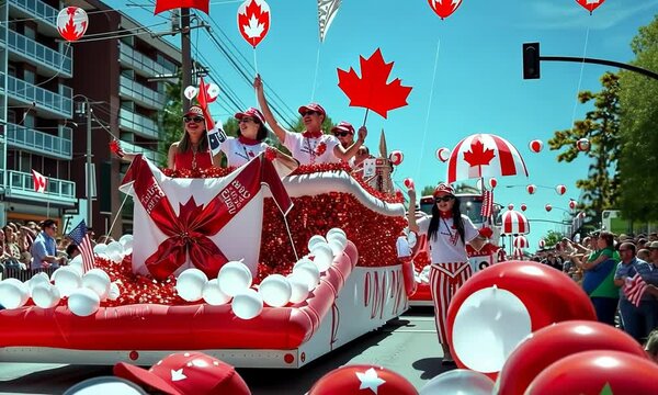 Community participating in a parade for Canada Day, red and white decorations, and floats, hyperrealistic . Video