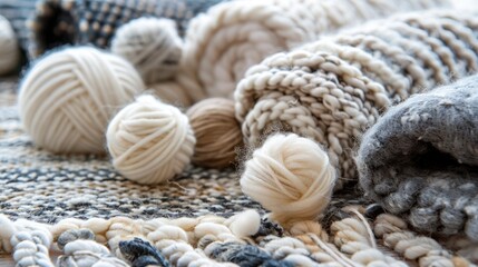 An assortment of knitted fabric with natural wool balls and cotton yarn in different colors creating a warm and handmade feel.