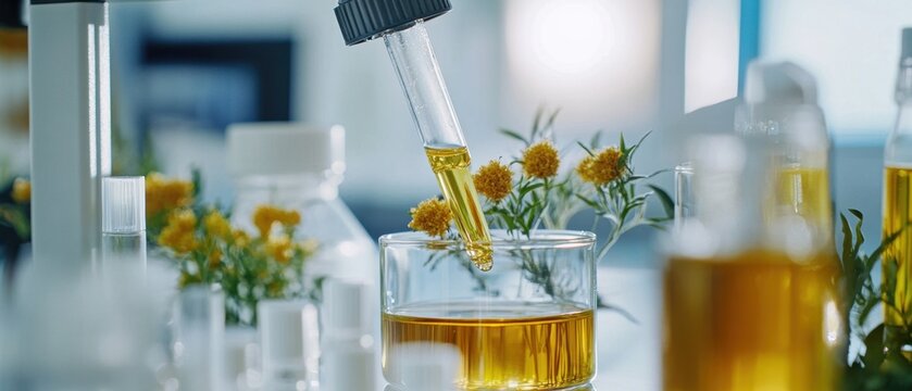 Close-up of extraction equipment working with fresh botanical ingredients for pure and effective natural extracts in a clean lab environment