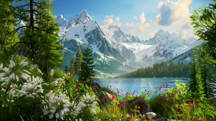 Fototapeta premium Alpine Landscape with Towering Snow-Capped Peaks, Serene Lake at the Base, Vibrant Wildflowers in the Foreground, and Dense Pine Forests, Photorealistic 8K