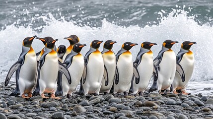Fototapeta premium A group of king penguins stand on a rocky beach, with crashing waves behind them.