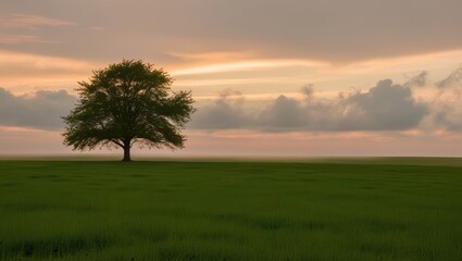 Obraz premium Solitary Tree in Foggy Fiel at Sunset