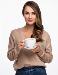 Beautiful Woman Holding Coffee Cup Isolated on White Background