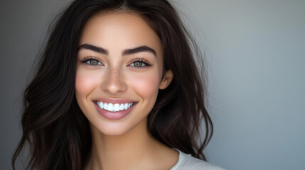 Fototapeta premium Close-up of a smiling woman with perfect white teeth, in a natural setting. Focus on dental health and beauty. Concept of oral hygiene and confidence