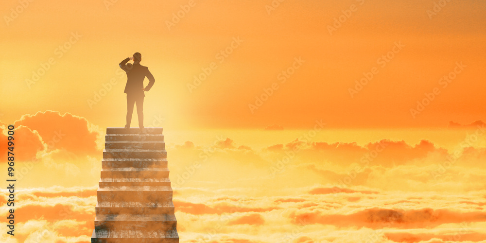 Poster back view of young businessman climbing ladder on golden sky background with mock up place and cloud