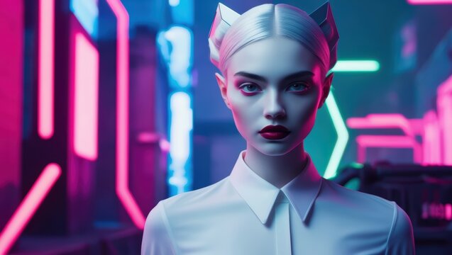 Woman with Blone Hair in Neon Lights