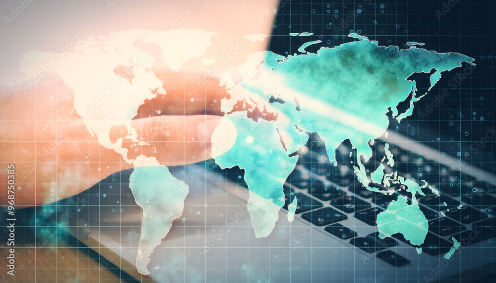Poster close up of man hands using laptop keyboard with map hologram on blurry background. travel and techn