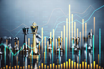 Growing business chart with chessboard on blurry background. Financial growth, strategy, trade and market concept. Double exposure.