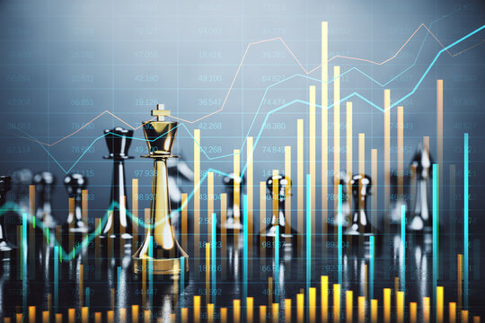 Growing business chart with chessboard on blurry background. Financial growth, strategy, trade and market concept. Double exposure.