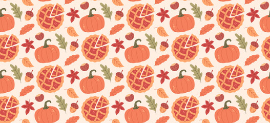 Cozy autumn pattern. Fall season food background. Autumnal vibe. Thanksgiving ornament 
