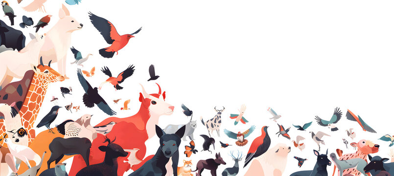 Vector flat illustration of diverse animals and birds, wildlife collection, colorful fauna in nature scene, giraffe, birds, mammals, creative animal-themed artwork, modern design elements.
