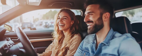 Happy couple enjoying a joyful drive together in a brightly lit car on a sunny day, expressing happiness, freedom, and the spirit of adventure