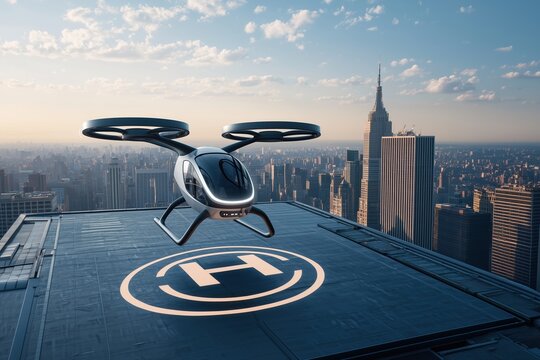 An eVTOL aircraft landing on a rooftop helipad in a modern city, representing the future of urban air mobility and efficient transportation.