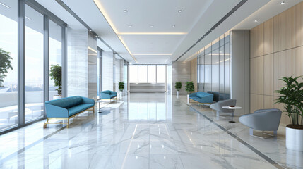 Fototapeta premium A modern and sleek interior of a lobby featuring elegant furniture and large windows that allow natural light to fill the space.