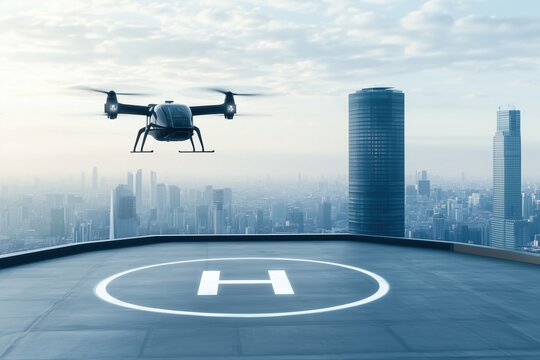 An eVTOL aircraft landing on a rooftop helipad in a modern city, representing the future of urban air mobility and efficient transportation.
