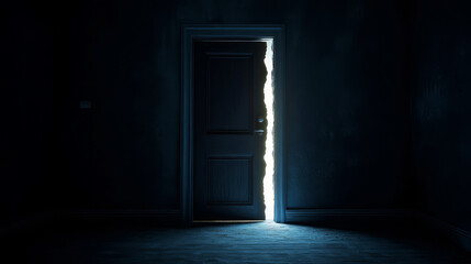 Fototapeta premium A Crack Of Light Shines Through A Slightly Ajar Door In A Dark Room.