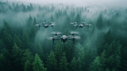 Fototapeta premium AI-powered environmental drones analyzing pollution levels: Drones collecting data over a forest to monitor air and water quality.