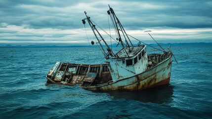 Rusty, abandoned fishing boat sinking into the sea, symbolizing decay and solitude beneath an overcast sky.
 - Powered by Adobe