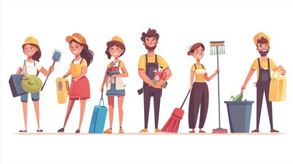 A group of six cheerful individuals engaged in various cleaning activities at a community event, showcasing teamwork and enthusiasm
