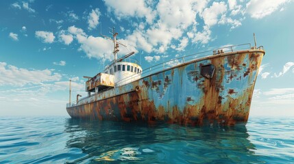 A damaged boat washed aground on a rocky beach with sea and blue sky in the background showing rust and decay on a sea vessel.