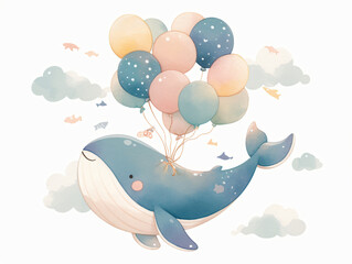 A whimsical illustration of a blue whale soaring through the sky, carrying colorful balloons, surrounded by fluffy clouds.