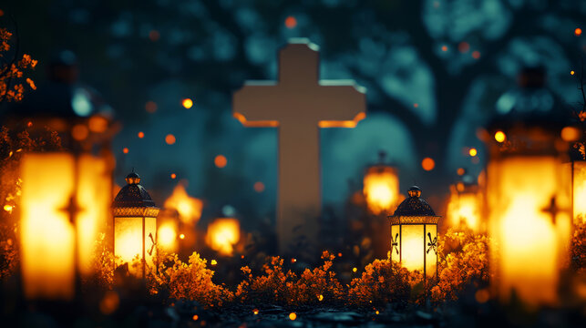 candles and cross in cemetery