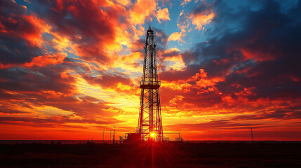 Oil Rig Silhouette at Sunset with Dramatic Sky