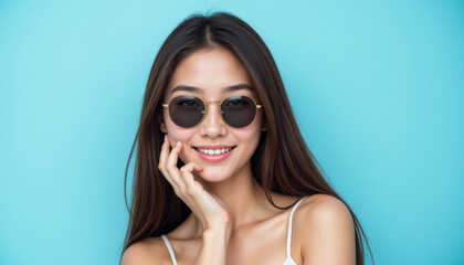 Naklejka premium A stylish woman with sunglasses poses confidently against a bright blue background, radiating beauty and charm.