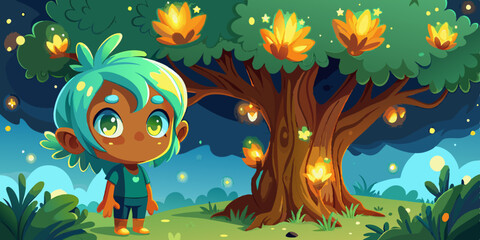 illustration of a child in the forest Glowing Butterfly