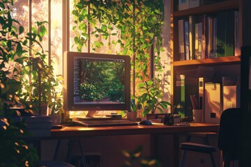 A Cozy Office With A View Of A Softly Lit Street Through The Window And Warm Light Casting A Gentle Glow On The Desk. Cozy Vibe, Generative AI