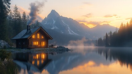 Fototapeta premium Photorealistic image of a mountain cabin by a calm lake at sunrise with smoke rising from the chimney and the reflection of the cabin mirrored in the still water