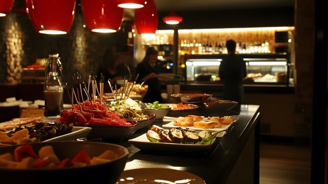 A refined atmosphere with deep red tones and a selection of gourmet tapas